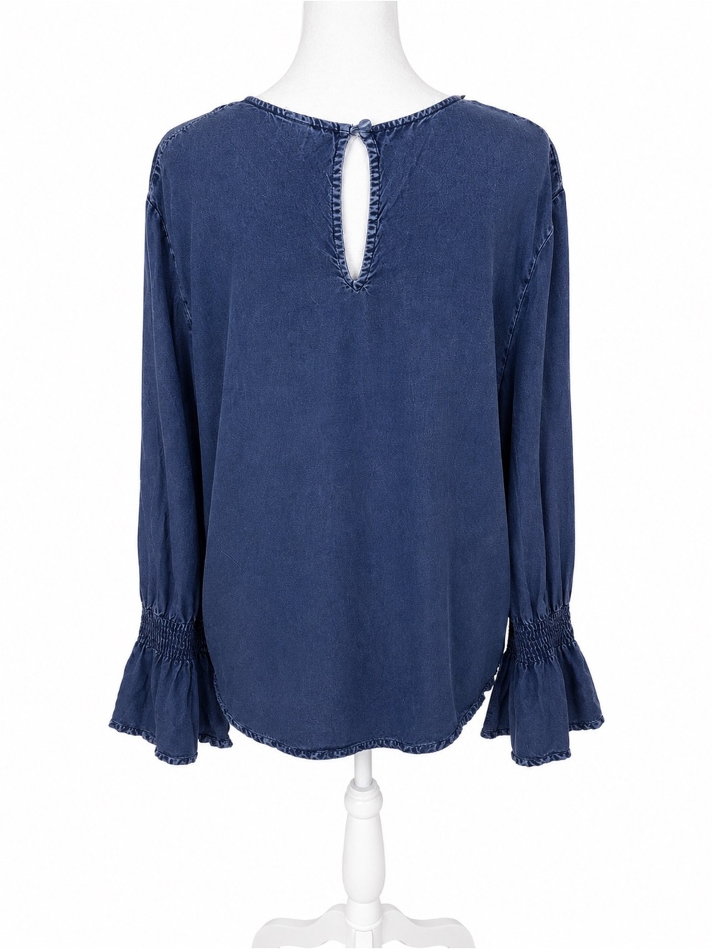 Ashley Stewart Navy Smocked Yoke Ruffle Cuff Blouse - Picture 2 of 2